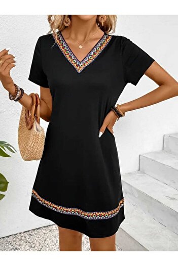 Kokosh moda Kadın Etnik Desen Şerit Detaylı V Yaka Viskon Elbise