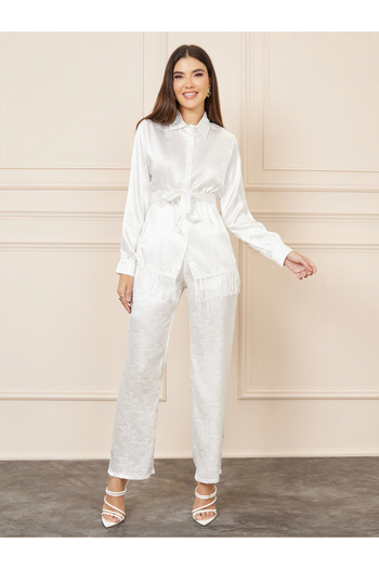 Styli Satin Jacquard Print Tassel Hem Shirt and Straight Leg Pant Set