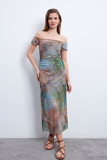 Know Women's Paint Pattern Boat Neck Lined Tulle Dress