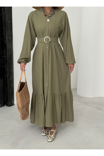 BEJNA Women's Khaki Belted Maxi Woven Shirt Dress