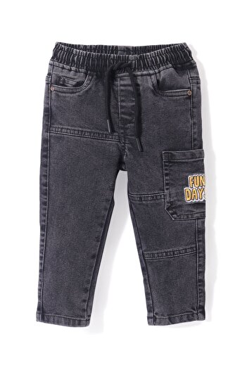 Babyhug Denim Full Length Solid Color Jeans with Text Embroidery - Black