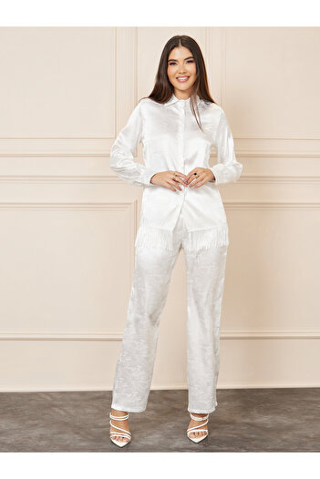Styli Satin Jacquard Print Tassel Hem Shirt and Straight Leg Pant Set