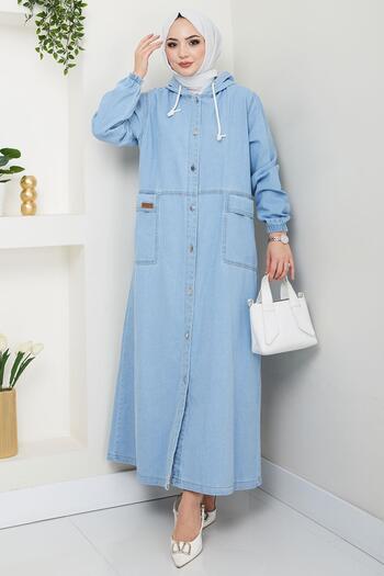 hafsamina Hooded Button Bag Pocket Denim Cap Light Blue Hm2670