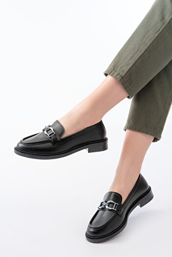 JAKJOUR Women's Loafer Round Silver Buckle Black Daily Comfortable Soft Shoes