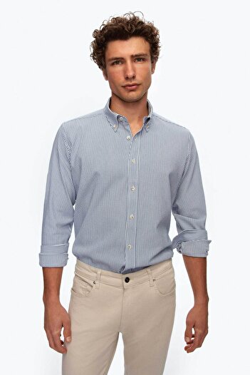 D'S Damat Ds Damat Regular Fit Navy Blue Line Patterned Shirt