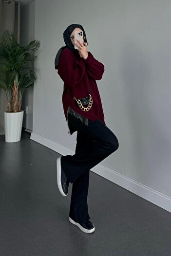 Şule Giyim Semi-Chain Knitwear Sweater Claret Red