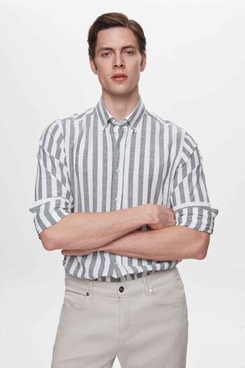 D'S Damat Ds Damat Comfort Khaki Striped Linen Blend Shirt