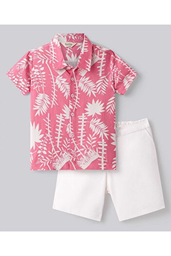 Bonfino Bonfino Half Sleeves Palm Tree Printed Shirt & Shorts Set - Pink & White