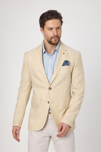 Frappoli Zenos Men's Beige Linen Look Spring-Summer Plaid Blazer Jacket