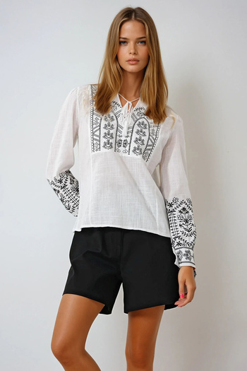 VAGGON Women's White Judge Collar Tassel Detailed Flared Linen Blouse Prmx11925