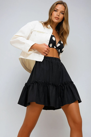 VAGGON Women's Black Skirt Flounce Woven Linen Skirt Prmx11714