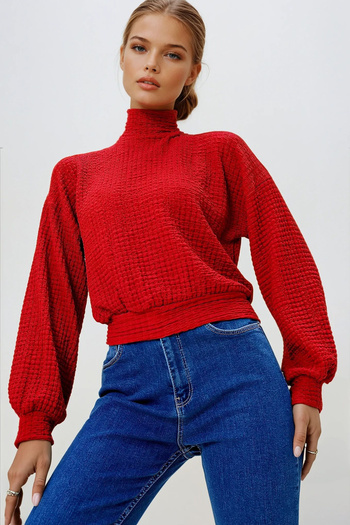 VAGGON Women's Red Half Turtleneck Wrap Crop Blouse Prmx13124