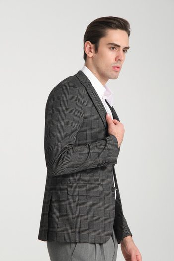 Frappoli Ribas Men's Black Lycra Cotton Blended Plaid Pattern Slim Fit Sports Blazer Jacket