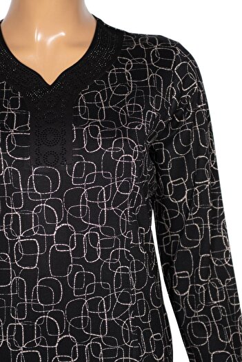 HESNA Women's Bunched Neck Geometric Pattern Black Dress