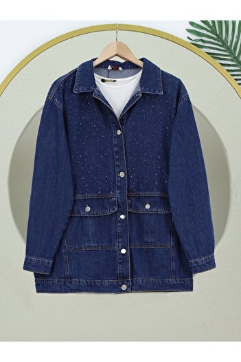 Modamorfo Spread Stone Detailed Denim Jacket with Flap Pockets - Indigo