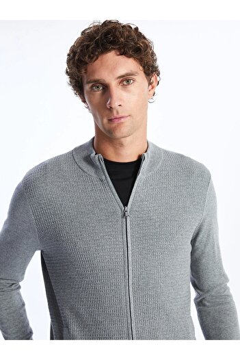 LC Waikiki Lcwaikiki Classic Gray Standard Fit Stand Collar Men's Knitwear Cardigan