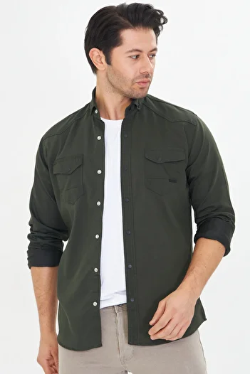 Oyga Men's Khaki Slim Fit Slim Fit Double Pocket Cotton Denim Shirt