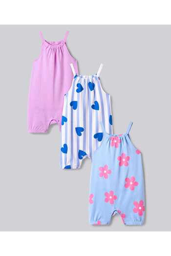 Bonfino Bonfino Cotton Printed Sleeveless Striped & All Over Printed Rompers Pack of 3 - Multicolor