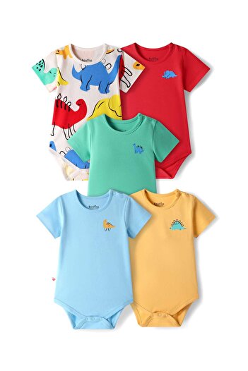 Bonfino Bonfino 100% Cotton Knit Half Sleeves Onesies with Dino Print Pack Of 5 - Multicolor