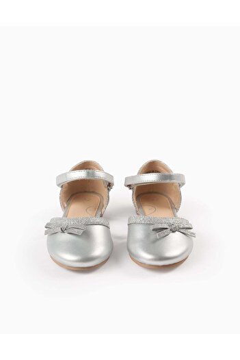 Ziddy Glitter Ballerina Flats with Bow for Girls, Silver