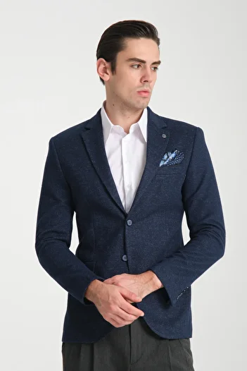 Frappoli Kasetti Men's Navy Blue Flexible Fabric Slim Fit Mono Collar Sports Blazer Jacket