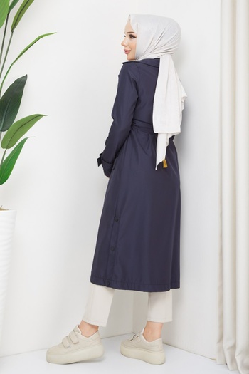 InStyle Double Breasted Collar Belted Lined Navy Blue Trench Coat