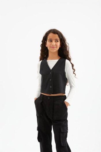 Hilal Akıncı Kids Girl's Jeans Vest White Body Cargo Pocket Trousers 3-Piece Set