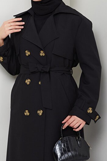 InStyle Lined Black Trench Coat with Stone Buckle Detail