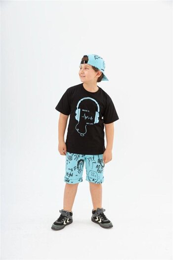 Hilal Akıncı Kids Boy's Headphones Printed Black T-Shirt with Chain Lettering Denim Shorts