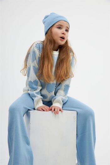 Hilal Akıncı Kids Model de inimă pentru fetiță, cu mărgele, pulover, tricotaje, pantaloni, beretă, set de 3 piese