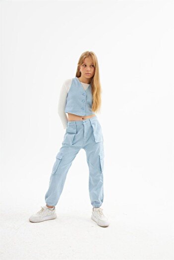 Hilal Akıncı Kids Set de 3 piese pentru fete, vestă din denim, pantaloni albi cu buzunare cargo