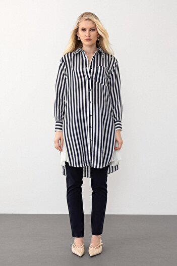 Olcay Striped Tunic with Zipper and Pleat on the Sides Black 9830