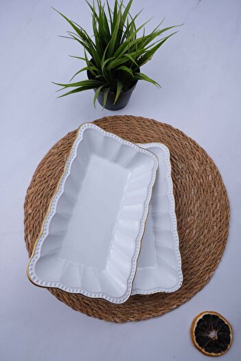 Home 2Pcs Gilded White Presentation Plate 24X14X4 Boat Plate