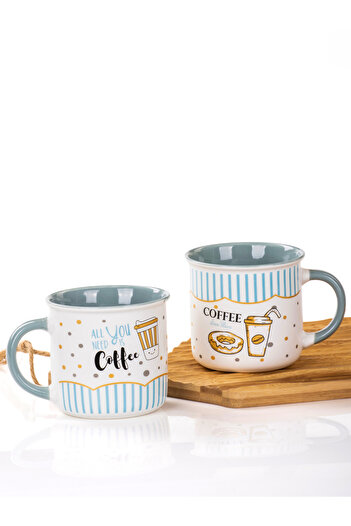 MUKKO HOME 2'li Porselen Kupa Seti Coffee Desenli Porselen Kupa – 350ml