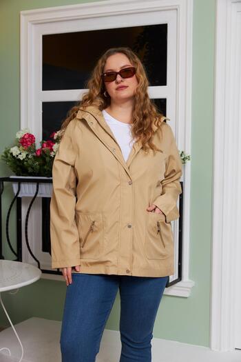 RMG Large Size Beige Trench Coat with Inner Lining Plaid Detail