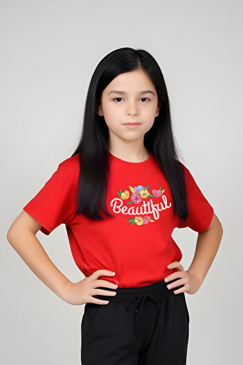 YA KO KİDS Beautiful Roses Printed Girls' Short Sleeve T-Shirt and Sweatpants Set