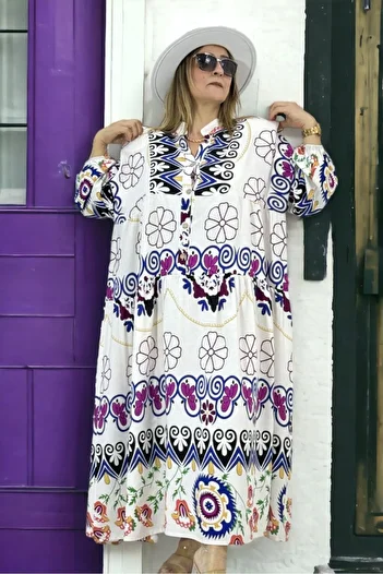 yagmurberen ETHNIC PATTERNED SHIRT COLLAR CLOUSH SKIRT LARGE SIZE SALASH DRESS