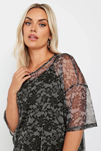Stil Diva Large Size Half Sleeve Lined Patterned Tulle Blouse 303448