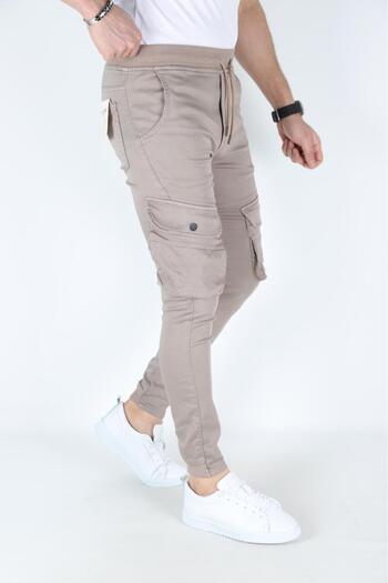 MYRAB DENİM Men's Cream Cargo Pocket Lycra Cargo Pocket Trousers with Elastic Waist