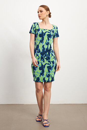 MODAGEN Women's Square Neck Green Blue Patterned Short Sleeve Dress