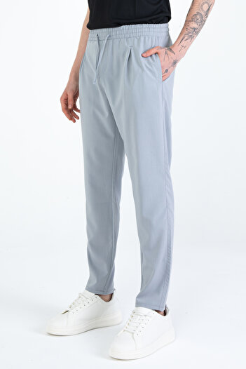 EGHO Men's Side Pocket Pleated Elastic Waist Laced Straight Leg Basic Trousers