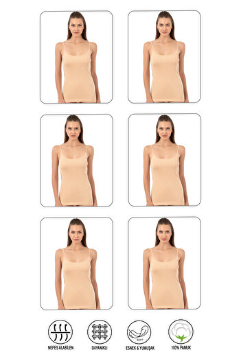 ÖZKAN underwear Özkan 0107 Pack of 6 Women's 100% Cotton Rib Flexible Comfortable Rope Strap Knitted Undershirt