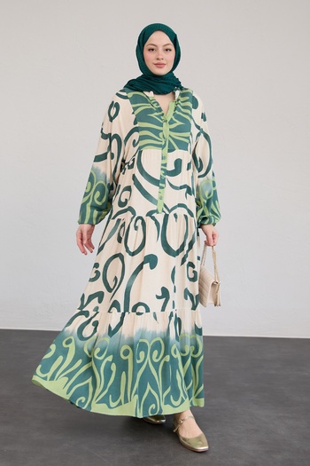 InStyle Patterned Viscose Green Dress with Placket Front