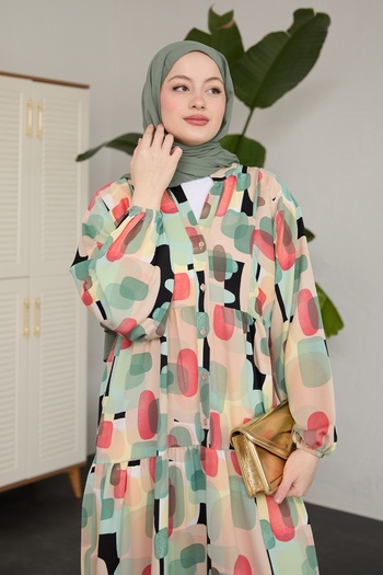 InStyle Oval Geometric Patterned Patchwork Green Dress