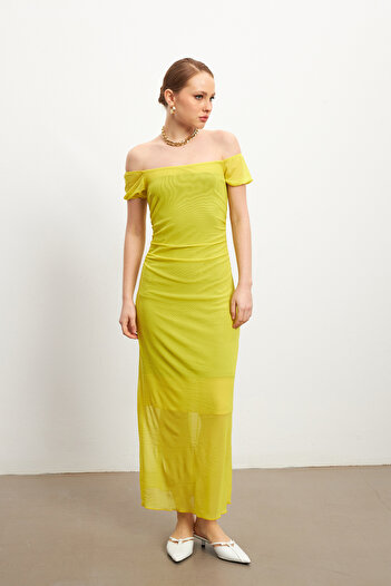 MODAGEN Shoulder Detailed Plain Madonna Collar Lined Tulle Dress