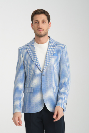 Frappoli Remos Men's Blue Houndstooth Pattern Stretch Fabric Mono Collar Sports Blazer Jacket
