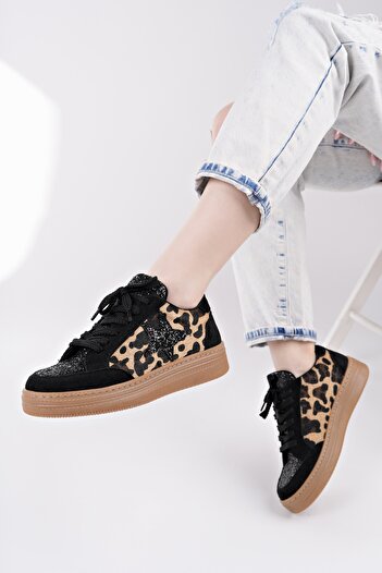 MUGGO Bonnie Women's Thick Sole Stone Leopard Patterned Lace-Up Casual Sneaker Sports Shoes