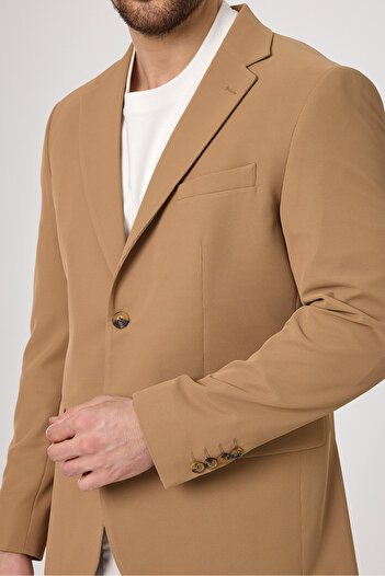 Frappoli Waffle Men's Camel Waffle Pattern Cotton Blended Lycra Stretchy Fabric Four Seasons Blazer Jacket
