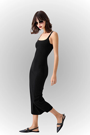hazelin Women Black Strap Square Neck Midi Dress Hzl25S-Zk11621