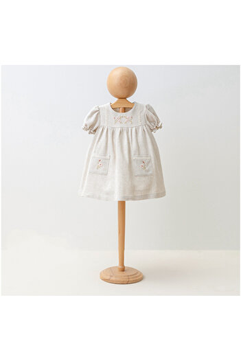 Mymio 6-24 Months Linen Girl Embroidered Girl's Dress